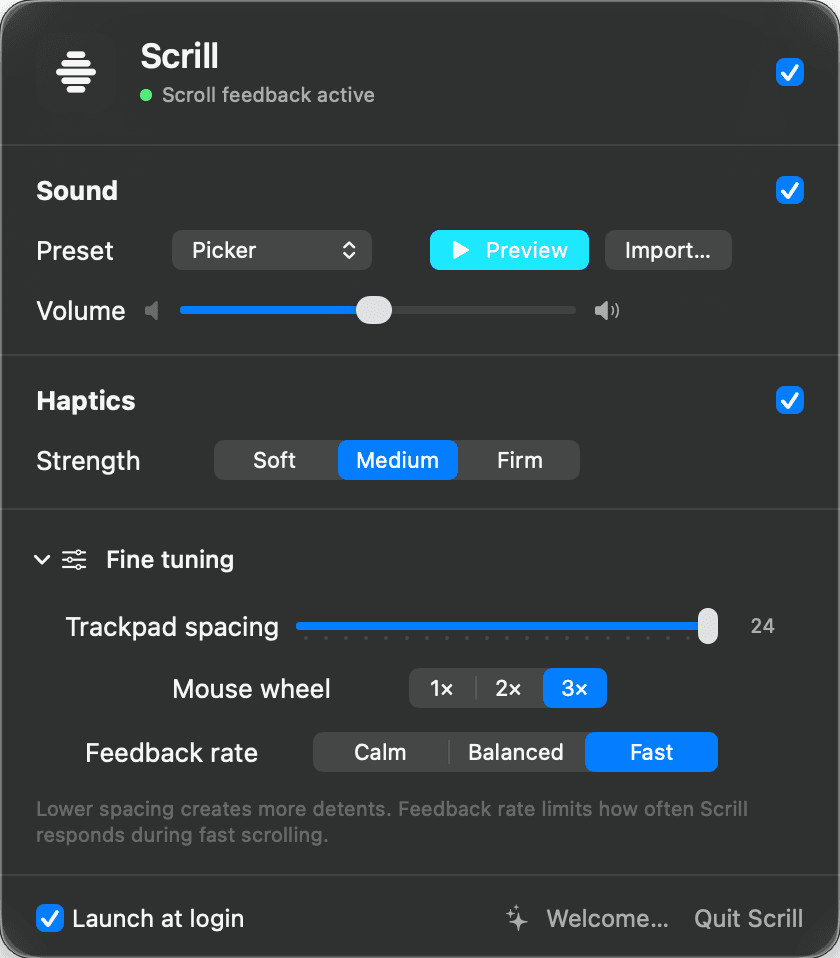 Scrill menu bar settings panel